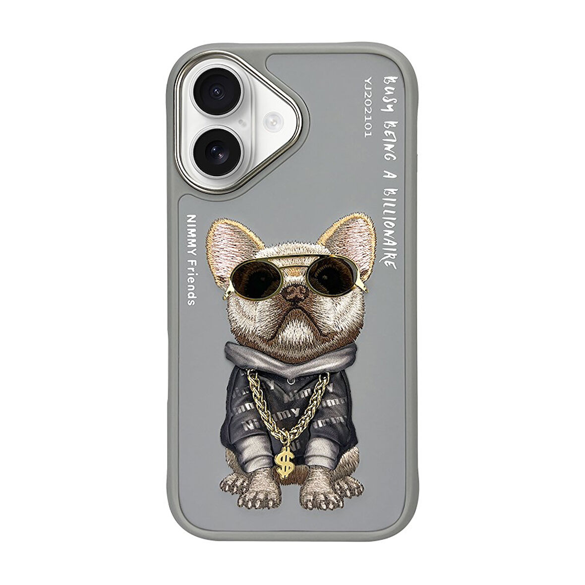 iPhone 16 Uyumlu 3D Gözlük Dolar Zincir Köpek Detaylı Nakış İşlemeli Kabartmalı Cool Glasses Kılıf