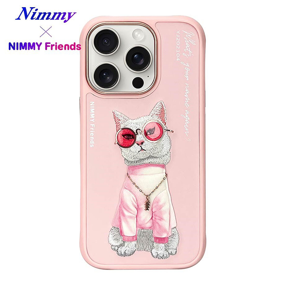 iPhone 16 Pro Max Uyumlu 3D Gözlük Zincir White Kedi Nakış İşlemeli Kabartmalı Cool Glasses Kılıf