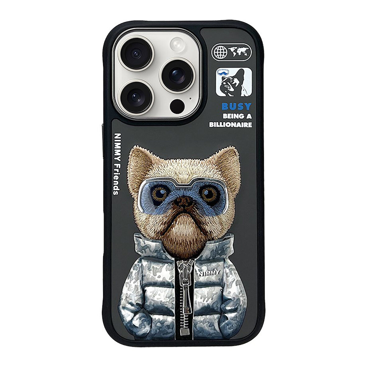 iPhone 16 Pro Max Uyumlu 3D Gözlük Fermuar Köpek Detaylı Nakış İşlemeli Kabartmalı Cool Cute Kılıf
