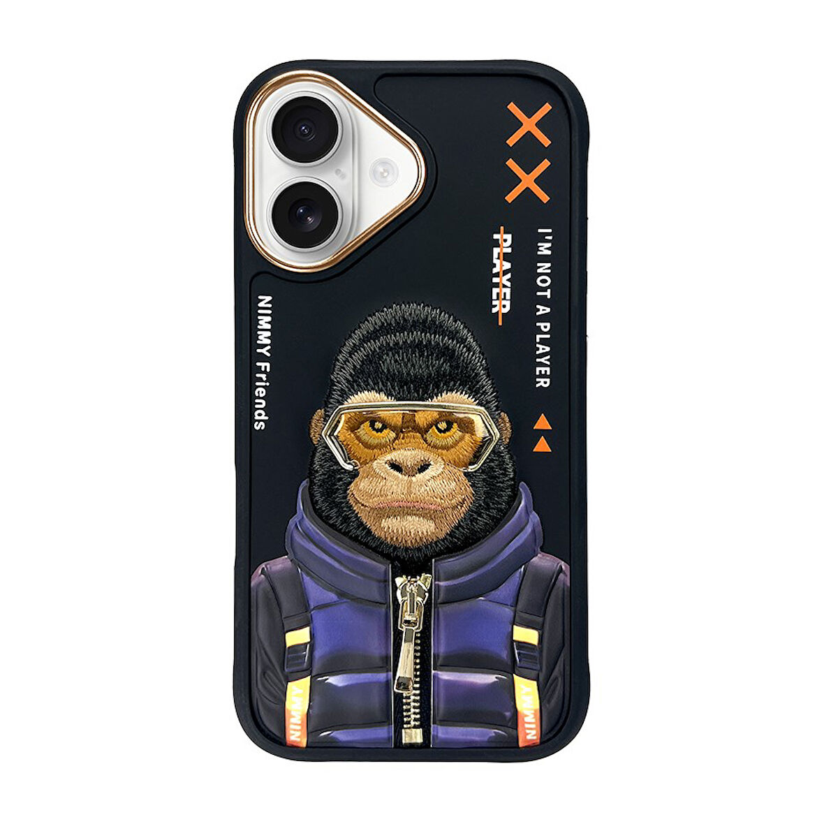 iPhone 16 Uyumlu 3D Gözlük Fermuar Goril Detaylı Nakış İşlemeli Kabartmalı Cool Cute Kılıf