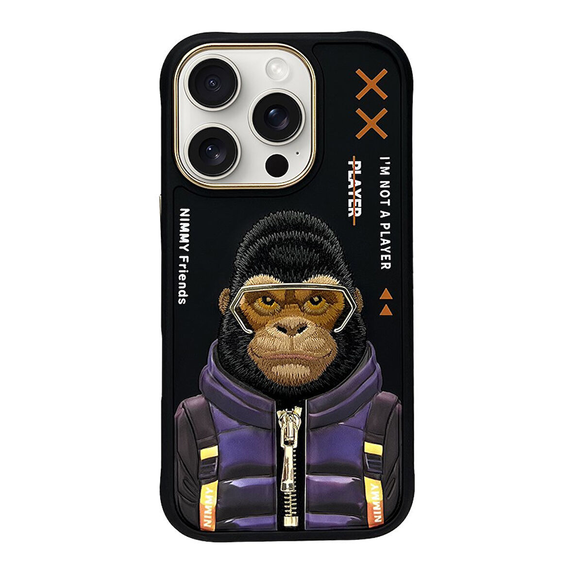 iPhone 16 Pro Max Uyumlu 3D Gözlük Fermuar Goril Detaylı Nakış İşlemeli Kabartmalı Cool Cute Kılıf