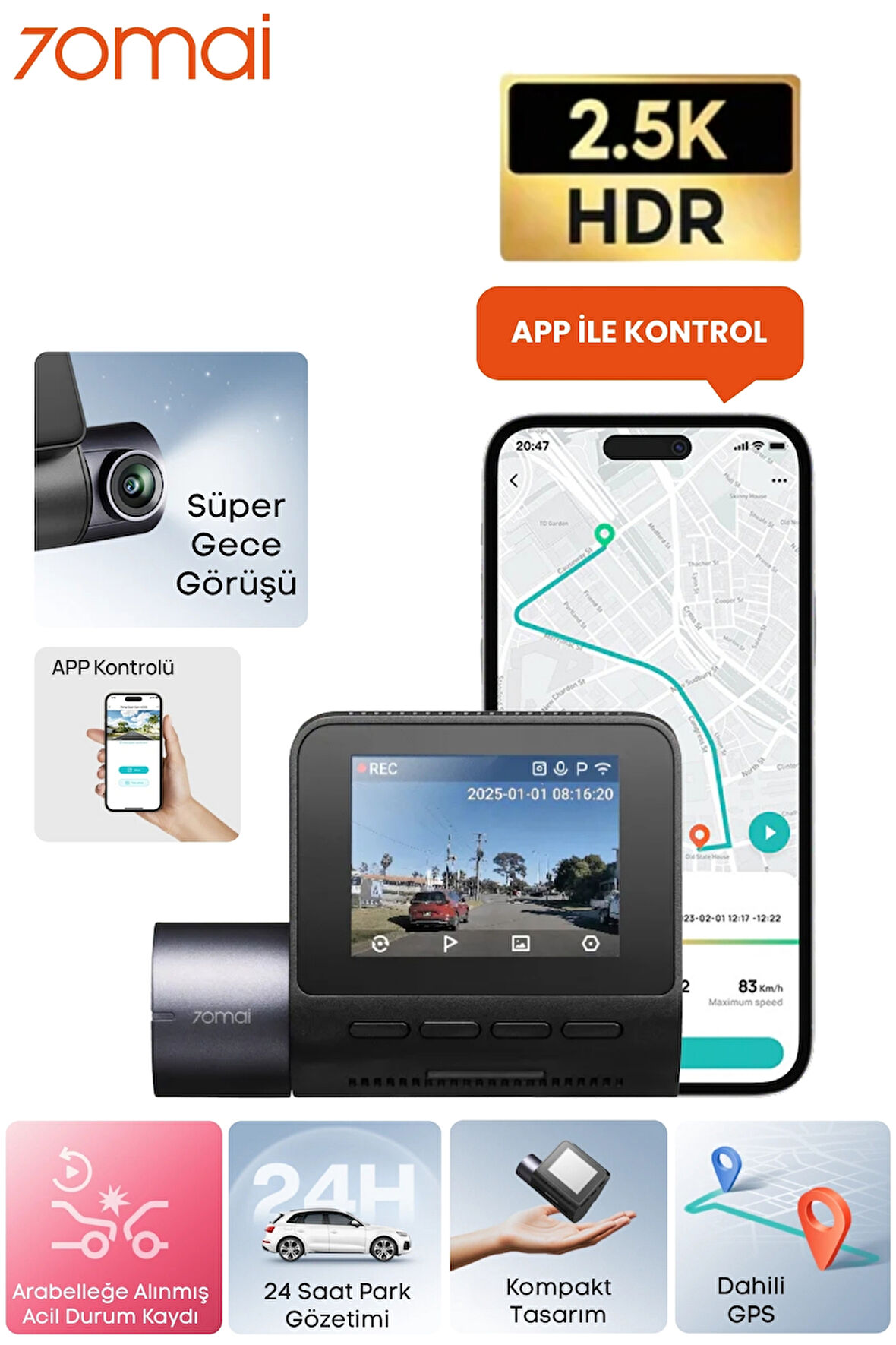 70MAİ 2.5k Araç Kamerası A410 Ön Kamera ( Sadece Ön Kamera ) Süper Gece Görüşü F1.55 Dahili Wi-Fi