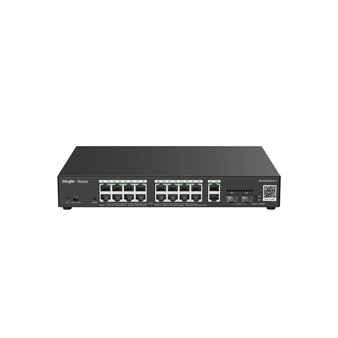 REYEE RG-ES220GS-P 16Port 10/100/1000Yönetilebilir (L2) 2 SFP Rack Mount 16 PORT POE 250W Switch