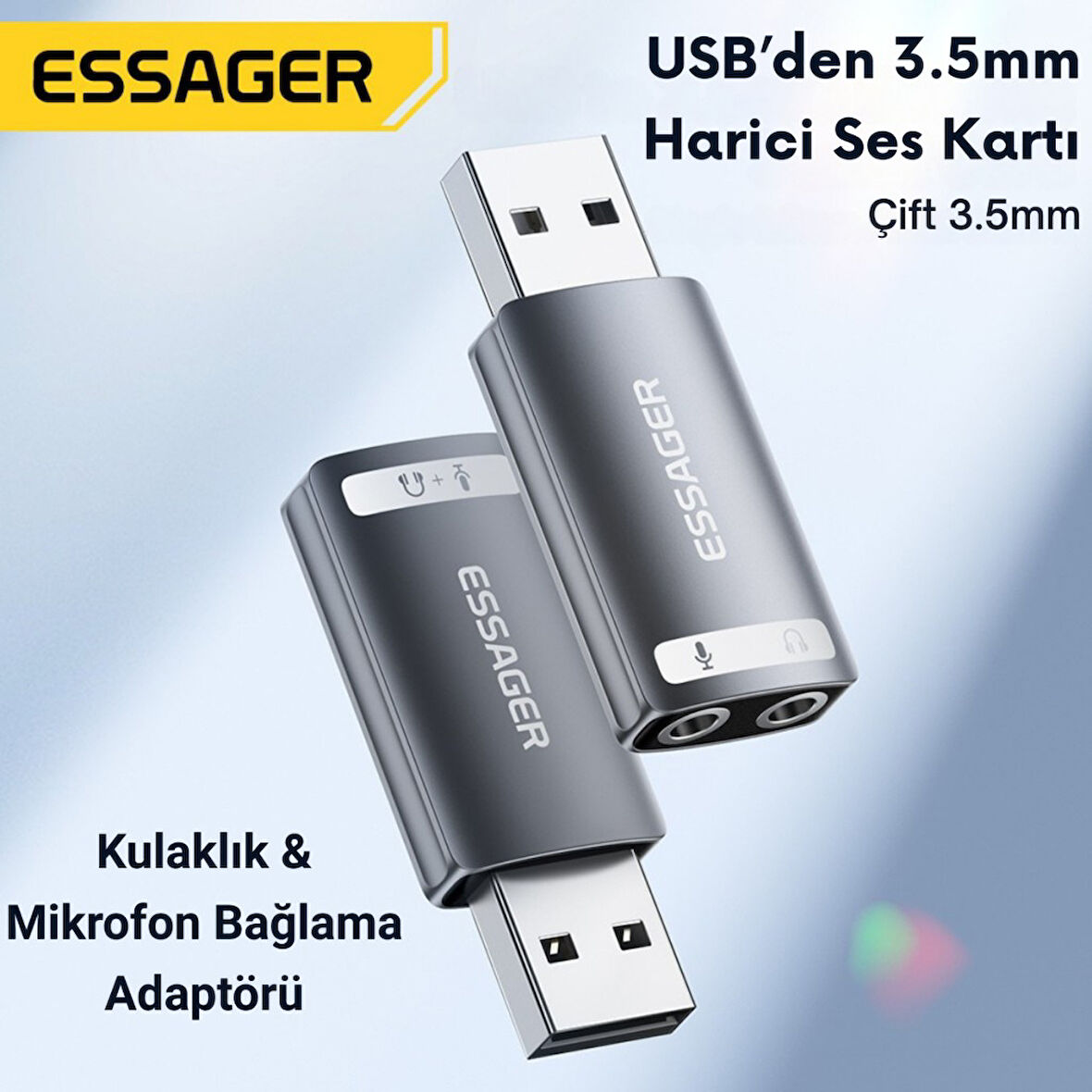 Essager 2in1 USB To 2x 3.5MM Aux Çevirici Adaptör, Kulaklık ve Mikforon Çevirici, Harici Ses Kartı