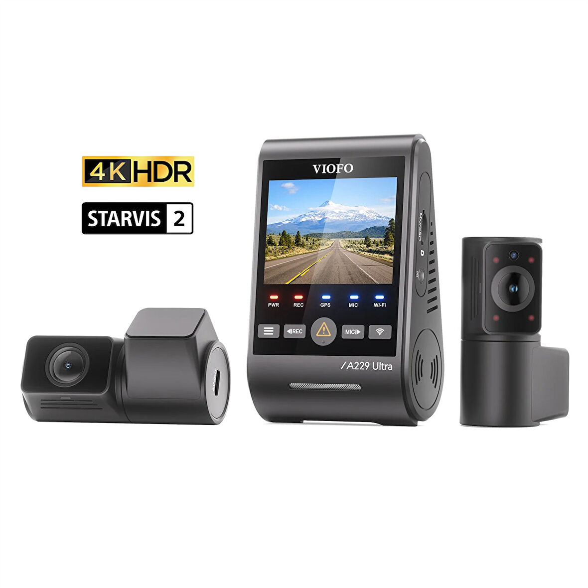 Viofo A229 Ultra 3 Kameralı Ön+Arka+İç 4K+4K+1080P HDR Sony STARVIS 2 Sensörlü Wi-Fi 6 GPS'li Araç Kamerası