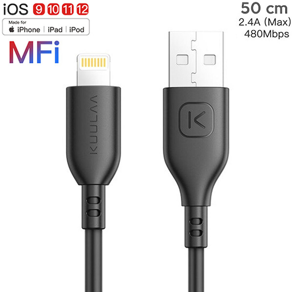 KUULAA 0.5M MFI Sertifikalı 2.4A İPhone 11,11Pro XS XR-8 Usb kablo