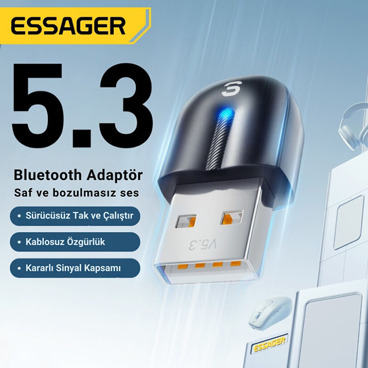Essager Bluetooth 5.3 sürücüsüz tak-çalıştır Bluetooth Adaptörü, Tv, PC, Kulaklık, Ses Sitemi Uyumlu