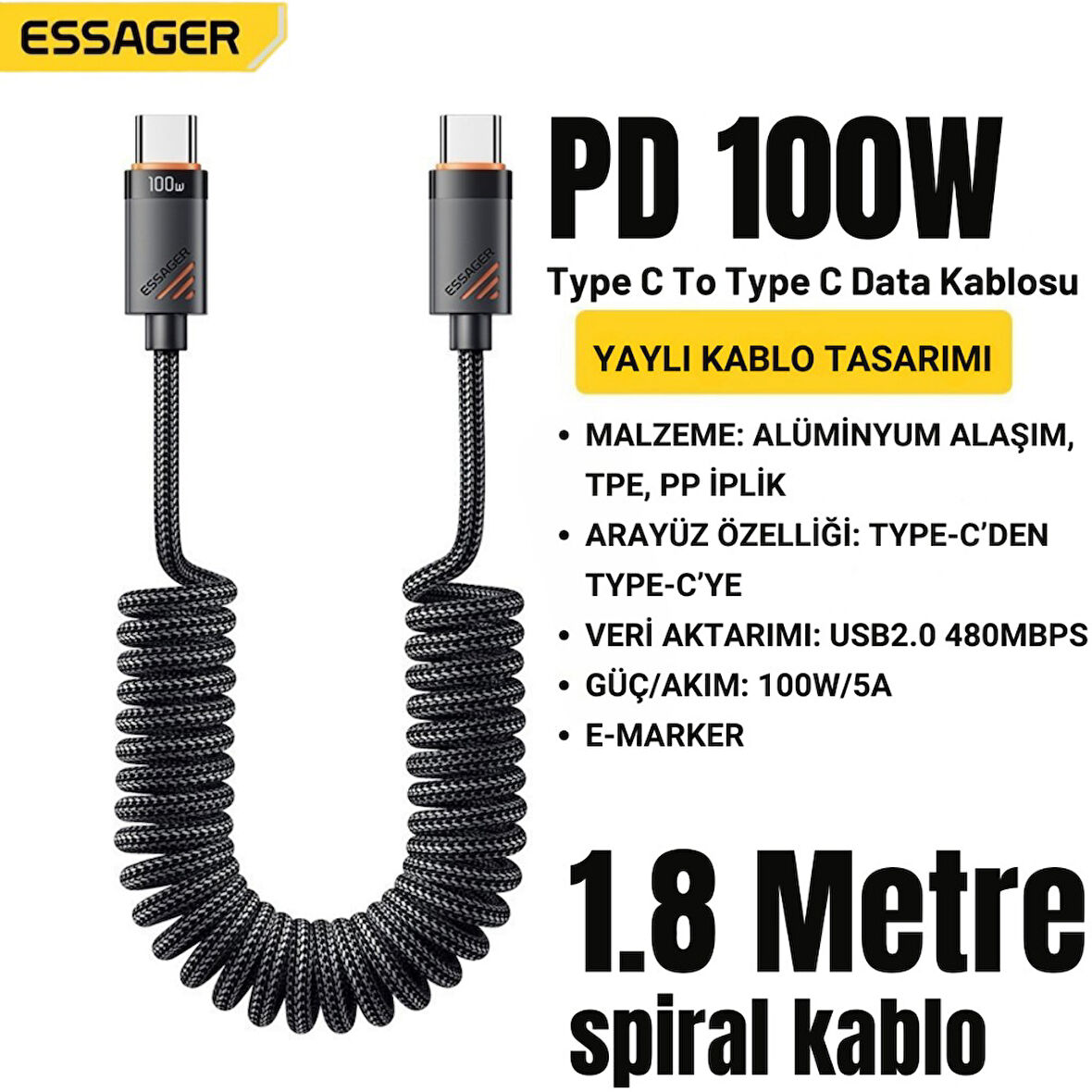 Essager PD 100W Type-C to Type-C 1.8m Yaylı Spiral Data ve Hızlı Şarj Kablosu, Kopmaz, Karışmaz Kablo