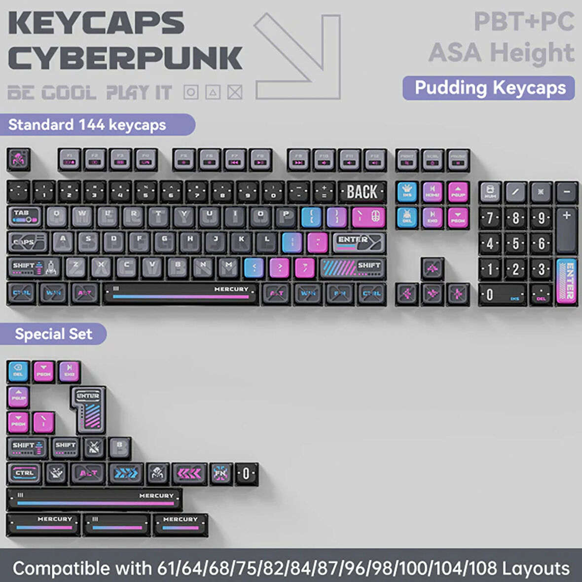 GravaStar Mekanik Oyuncu Klavyesi Tuş Takımı Seti, Mekanik Klavye ile Uyumlu Tuşlar, Cyberpunk