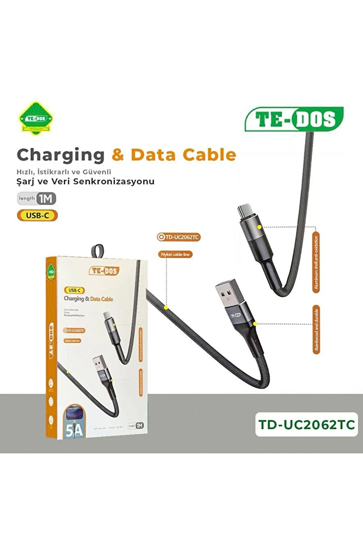 TE DOS Type-c To Usb Şarj & Data Kablosu 5a 1m Hasır