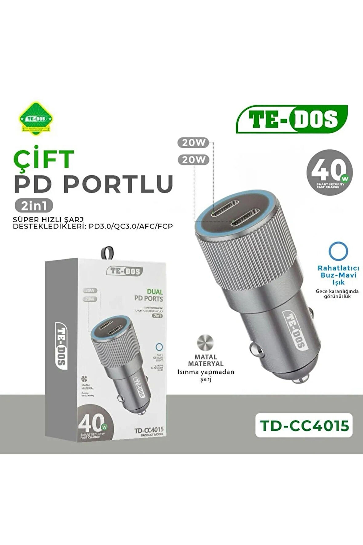 Elmalı Store -- TE-DOS TYPE-C 2 n1 - 40W ARAÇ ŞARJ CİHAZI TD-CC4015