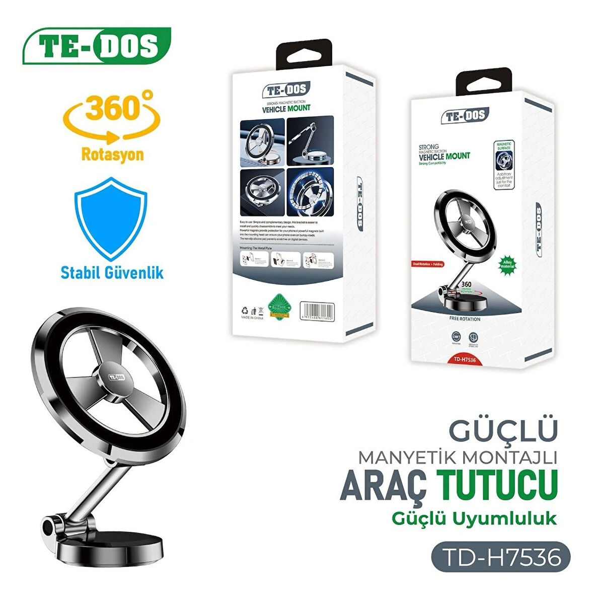 Te-Dos 360 Derece Rotasyonlu Güçlü Manyetik Montajlı Araç İçi Telefon Tutucu TD-H7536