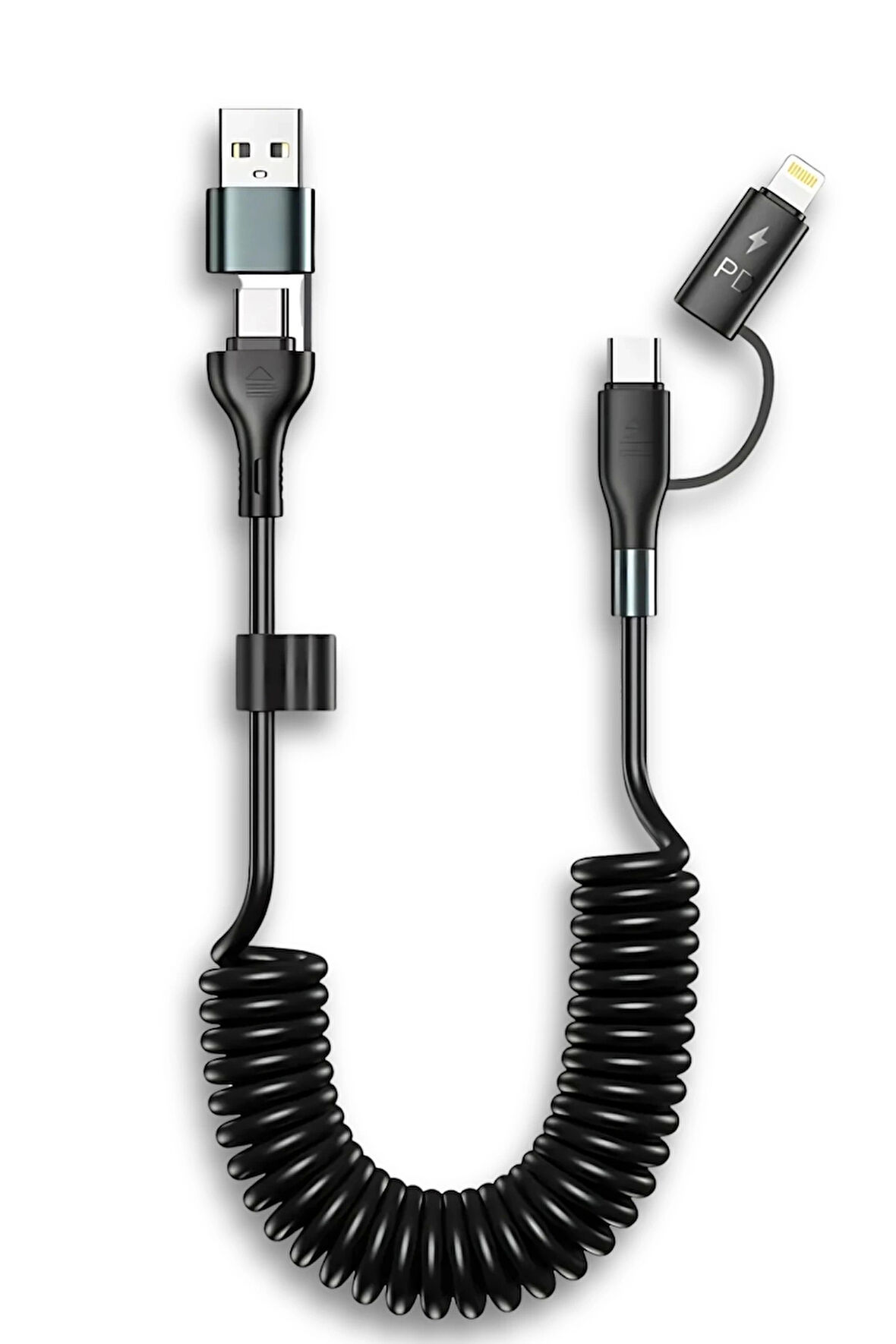 1.8 Metre Araç İçi Spiralli 4in1 Süper Hızlı Şarj Kablosu 60W PD Şarj USB'den Type-C'/Lightning'e Type-C'den Type-C/Lightning Samsung Huawei Xiaomi iPhone ile uyumlu