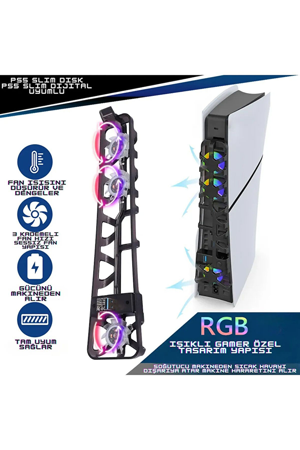 TP5-3538S PS5 Slim Disk PS5 Slim Dijital Uyumlu Hız Ayarlı RGB Arka Soğutucu Fan