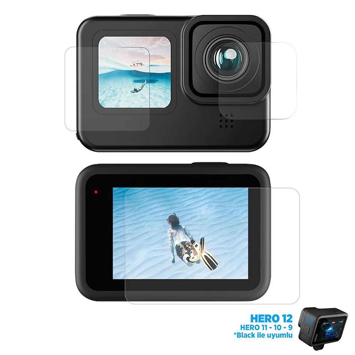 GoPro Hero12 Black / Hero11 / Hero10 / Hero9 Black İçin Temperli Kırılmaz Cam Filmi Ekran Koruyucu ( Ön Ekran + Arka Ekran + Lens )