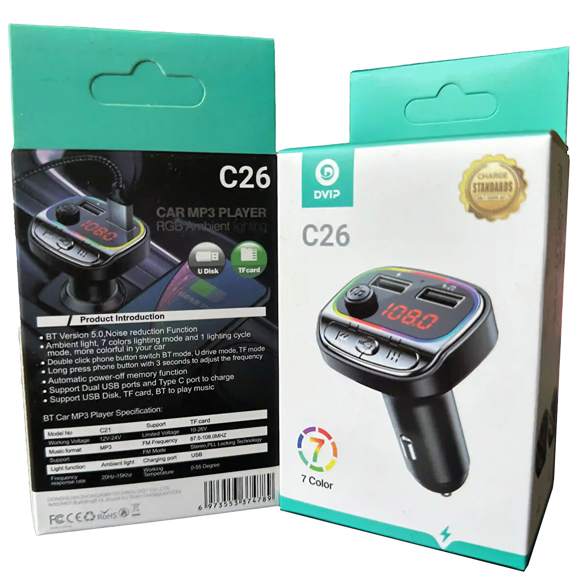 RGB Renkli Araba FM MP3 Çalar Kablosuz Bluetooth 5.0 C26
