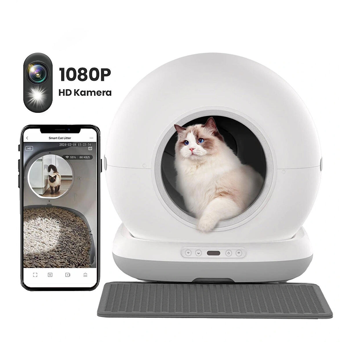 Haustier CB002 Kameralı Akıllı Otomatik Kedi Tuvaleti, APP ile Uzaktan Kontrol, 72lt Hazne, 7lt Çöp haznesi Gri