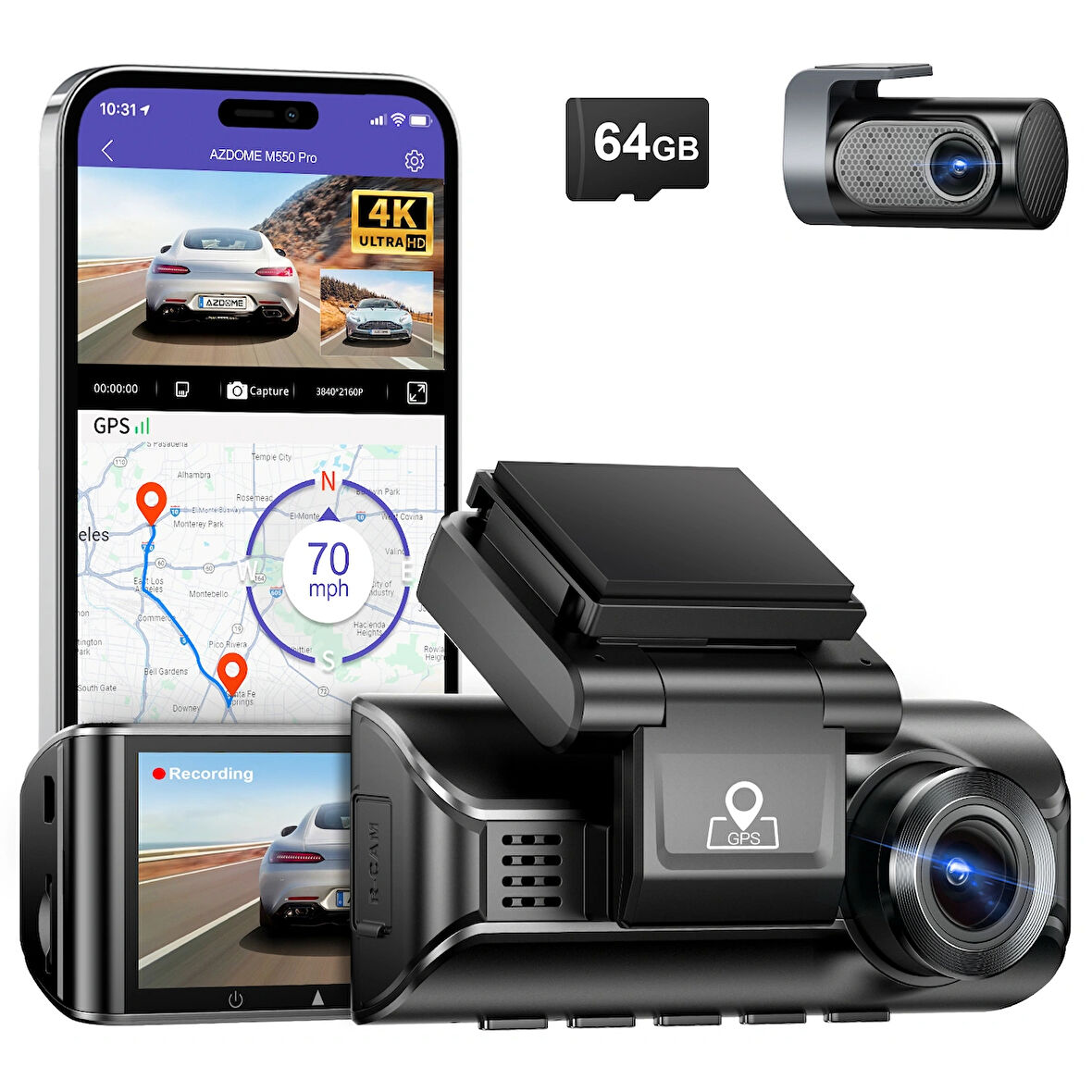 Azdome M550 Pro 4K Çift Kameralı Araç Kamerası WiFi GPS Gece Görüşü Park Modu Azdome Türkiye Garantili