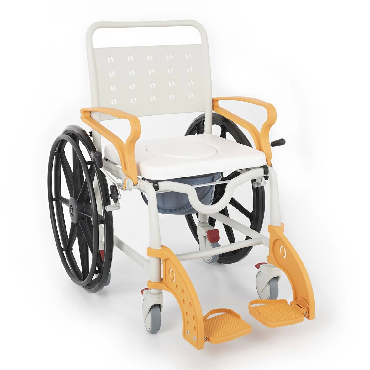 Comfort Plus Banyo ve Tuvalet Sandalyesi Turuncu | 6 Tekerlekli Soft Oturum, Bas-Çıkar Sistemli Çıkarılabilir Tekerlek, Paslanmaz Plastik Gövde DM-8088D