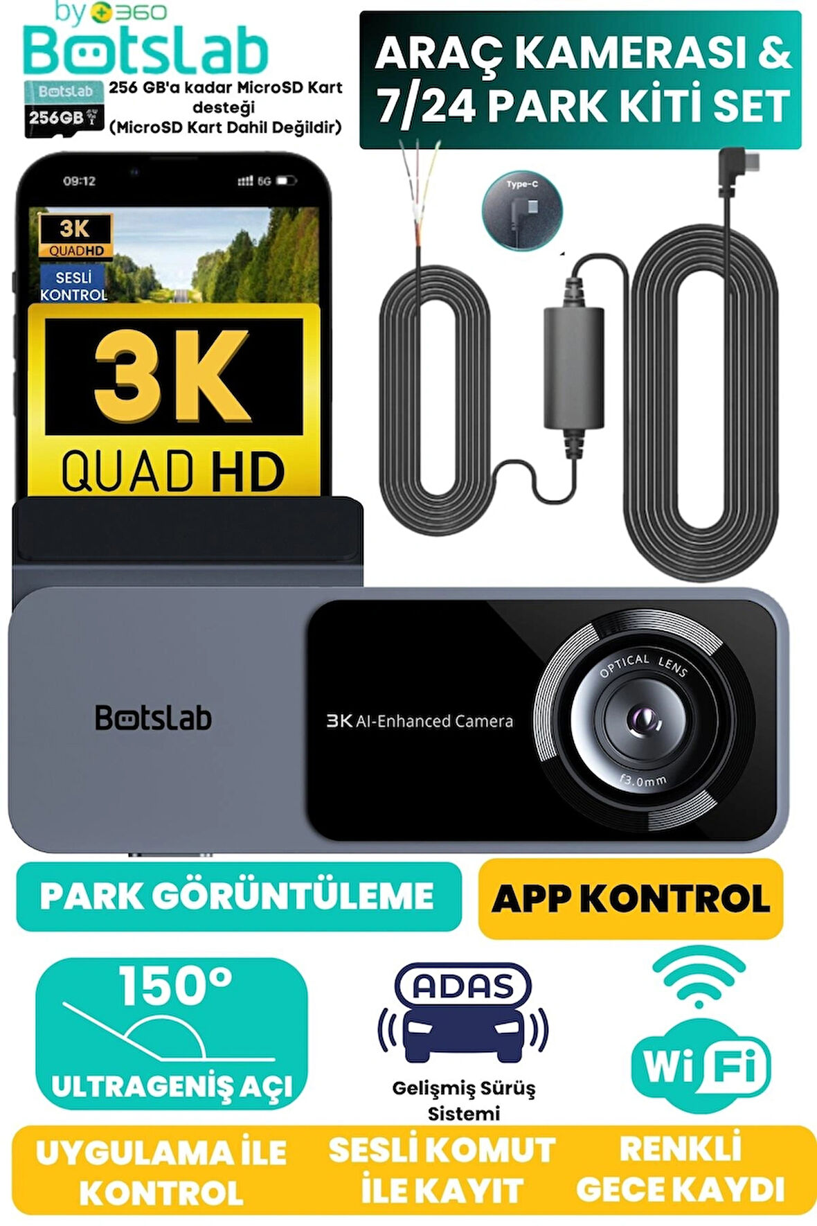 +360 Botslab Hk50 Set / 3k Qhd Wifi 150° Ultra Geniş Açı Gece Görüşlü Akıllı Araç Kamera + Park Kiti