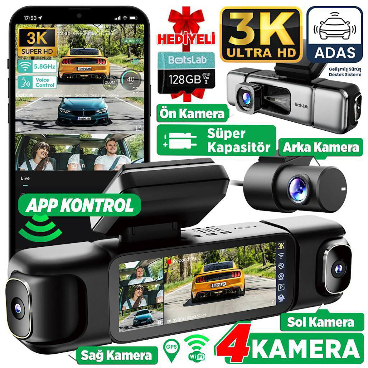 360+ Botslab G980H Pro 3K 4 Kameralı Wifi+GPS Akıllı Araç İçi Kamera +150° Geniş Açı+Yaya Algılama+Gece Görüşlü (128GB HAFIZA KARTI HEDİYELİ)