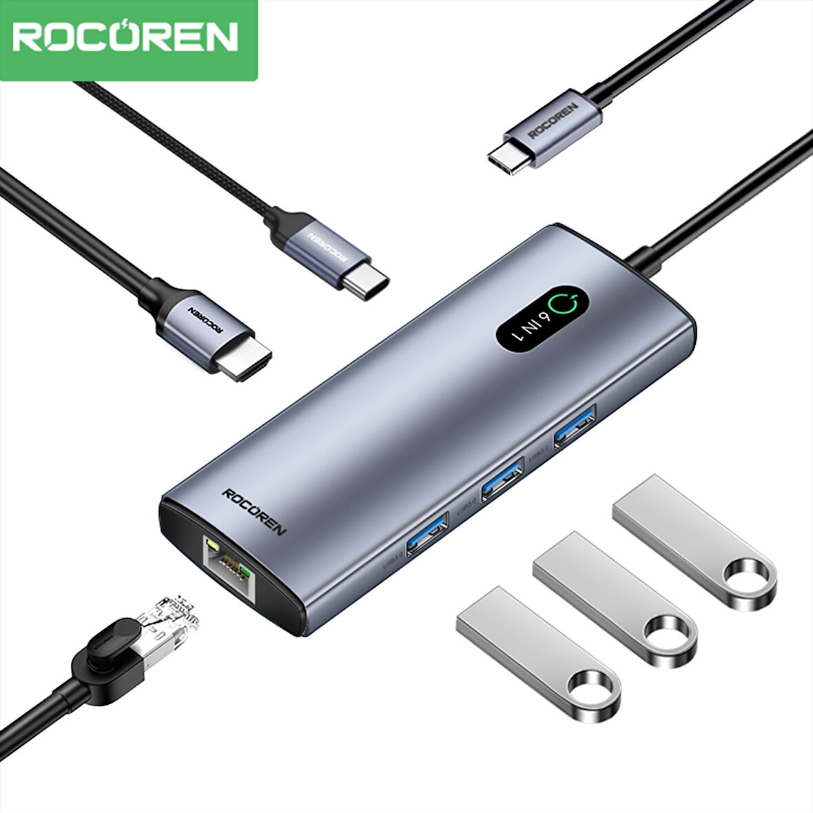 Rocoren 6 Portlu 4K 30Hz Gigabit Ethernet 3*USB3.0 PD 100W Destekli Hub Çoklayıcı