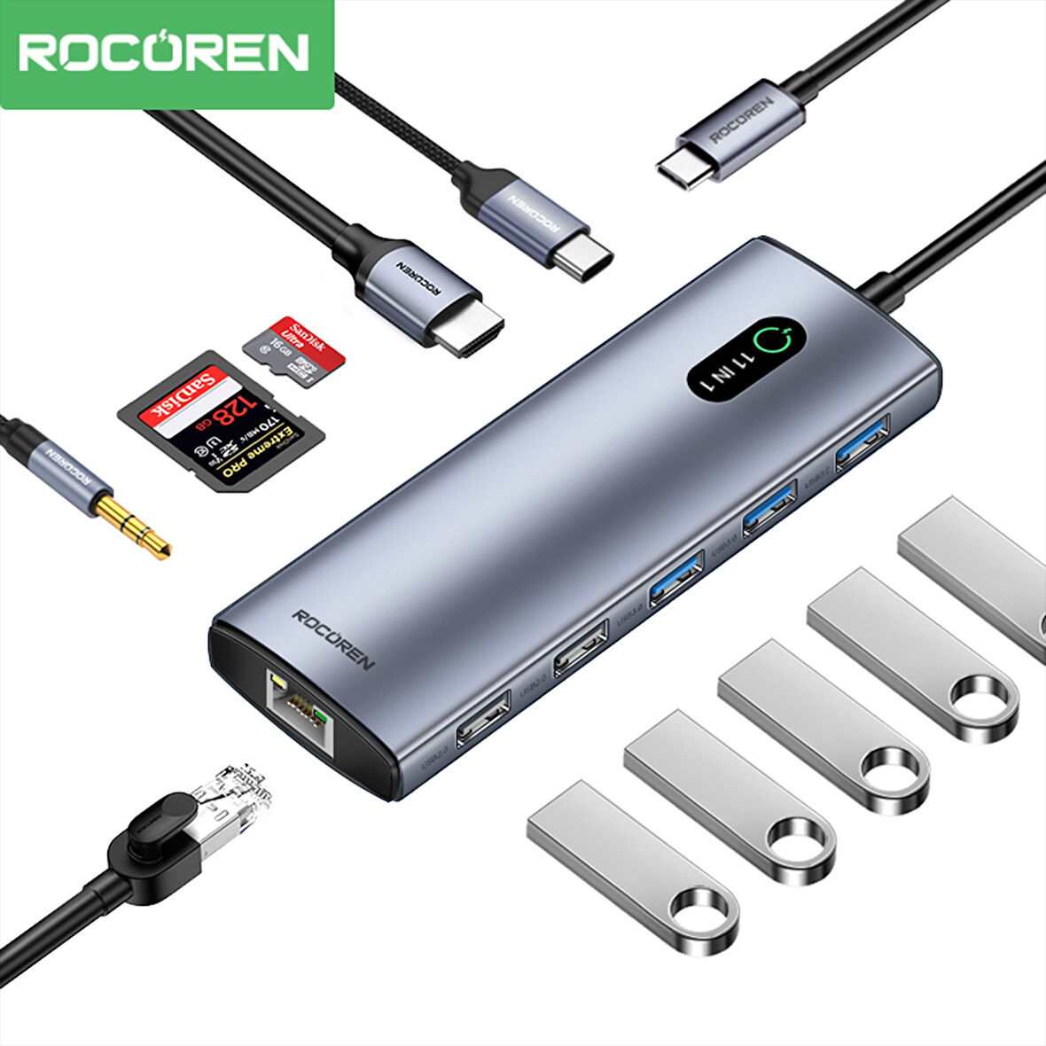 Rocoren 11 Portlu 4K 30Hz HDMI Gigabit Ethernet SD TF Kart Okuyuculu 3.5mm Jack USB Hub Çoklayıcı