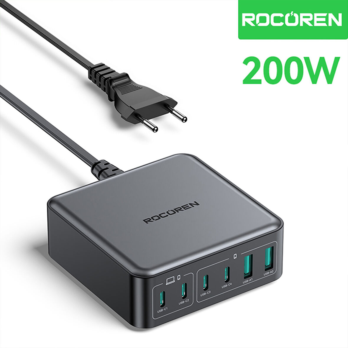 Rocoren 200W Gan 6 Portlu Şarj Cihazı 4*Type-C 2*USB-A Macbook iPhone Samsung Uyumlu Şarj İstasyonu