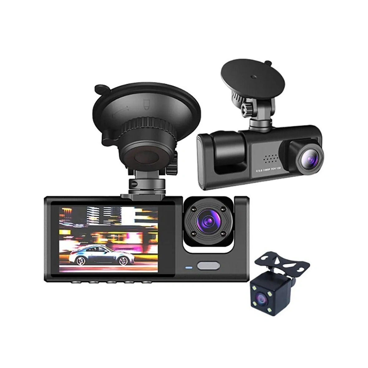 Wodimark 1080P Dash Cam Araç Kamerası | 3 Kamera (Ön + Arka + İç) | Full HD, Gece Görüşü, G-Sensör, Geniş Açı, 2.0" LCD Ekran