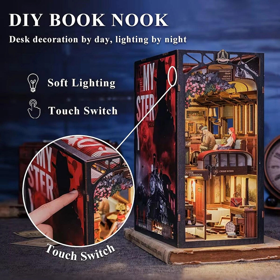 Ahşap Book Nook Kiti, Toz Koruma Kılıflı, Kendin Yap Oyuncak Bebek Evleri, Minyatür Ev Kiti, LED Işıklı, Booknook Evleri, Yetişkinler Için Model Yapı Setleri - Train Mystery Case (BN01B-AMZ01)