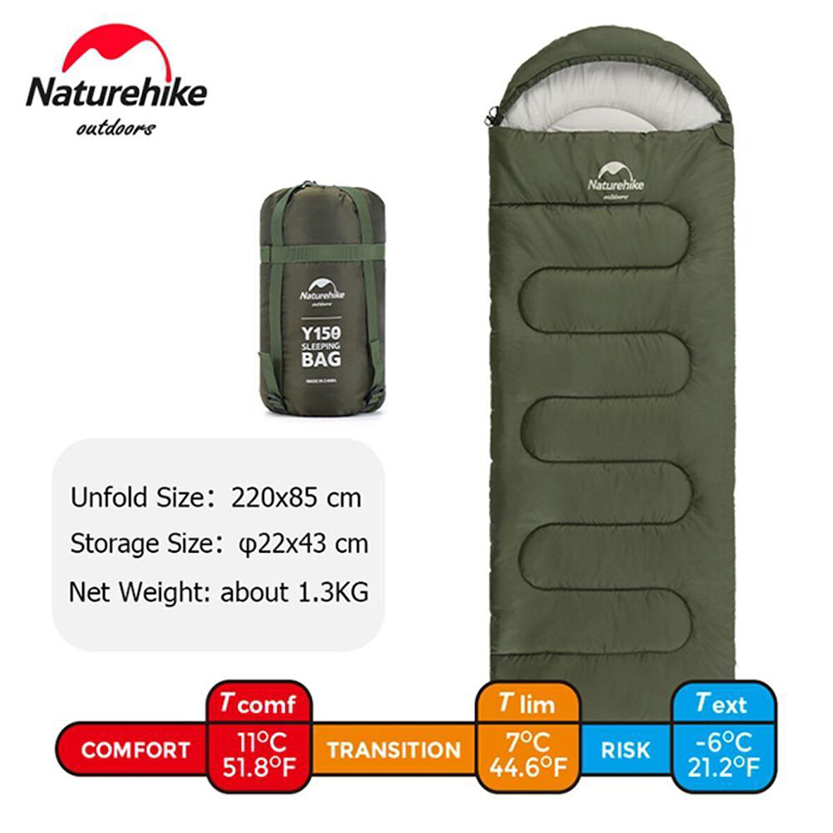 Naturehike Y150L Zarf Tarzı Kapüşonlu Pamuklu Uyku Tulumu -6°C YEŞİL-Right