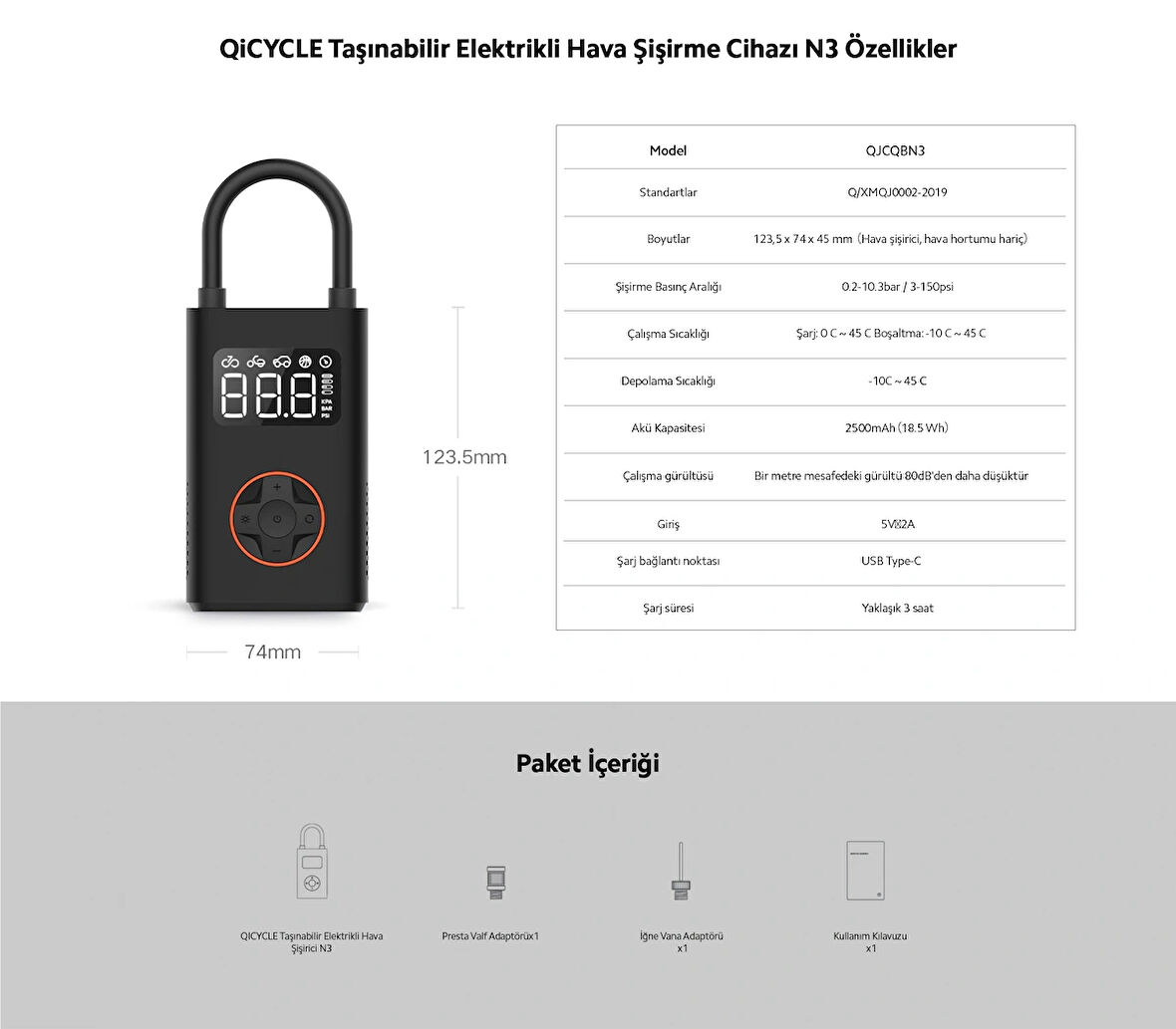 QiCYCLE N3 Elektrikli Taşınabilir Hava Pompası (Genpa Garantili)