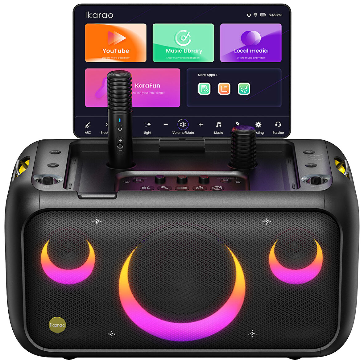 Ikarao Partybox Break X1 800W Karaoke Bluetooth Hoparlör Seti, 13.3" Dahili Tablet, 2 Kablosuz Gizlenebilir Otomatik Şarjlı Mikrofon, RGB Işıklı Taşınabilir Ses Bombası Siyah