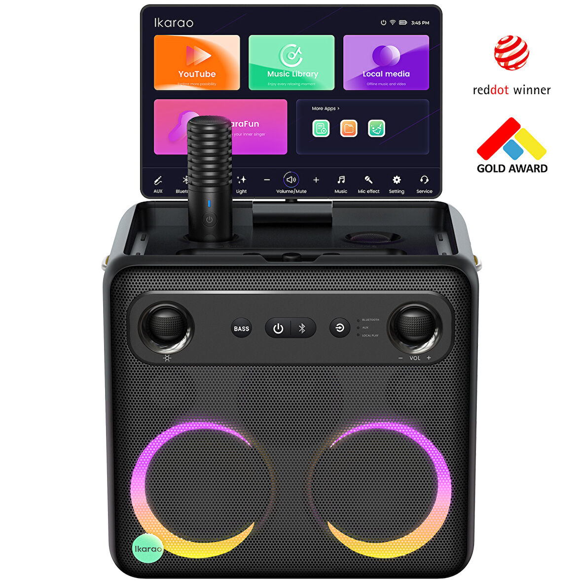 Ikarao Partybox Break X2 600W Karaoke Bluetooth Hoparlör Seti, 10.1" Dahili Tablet, 2 Kablosuz Gizlenebilir Otomatik Şarjlı Mikrofon, RGB Işıklı Taşınabilir Ses Bombası Siyah