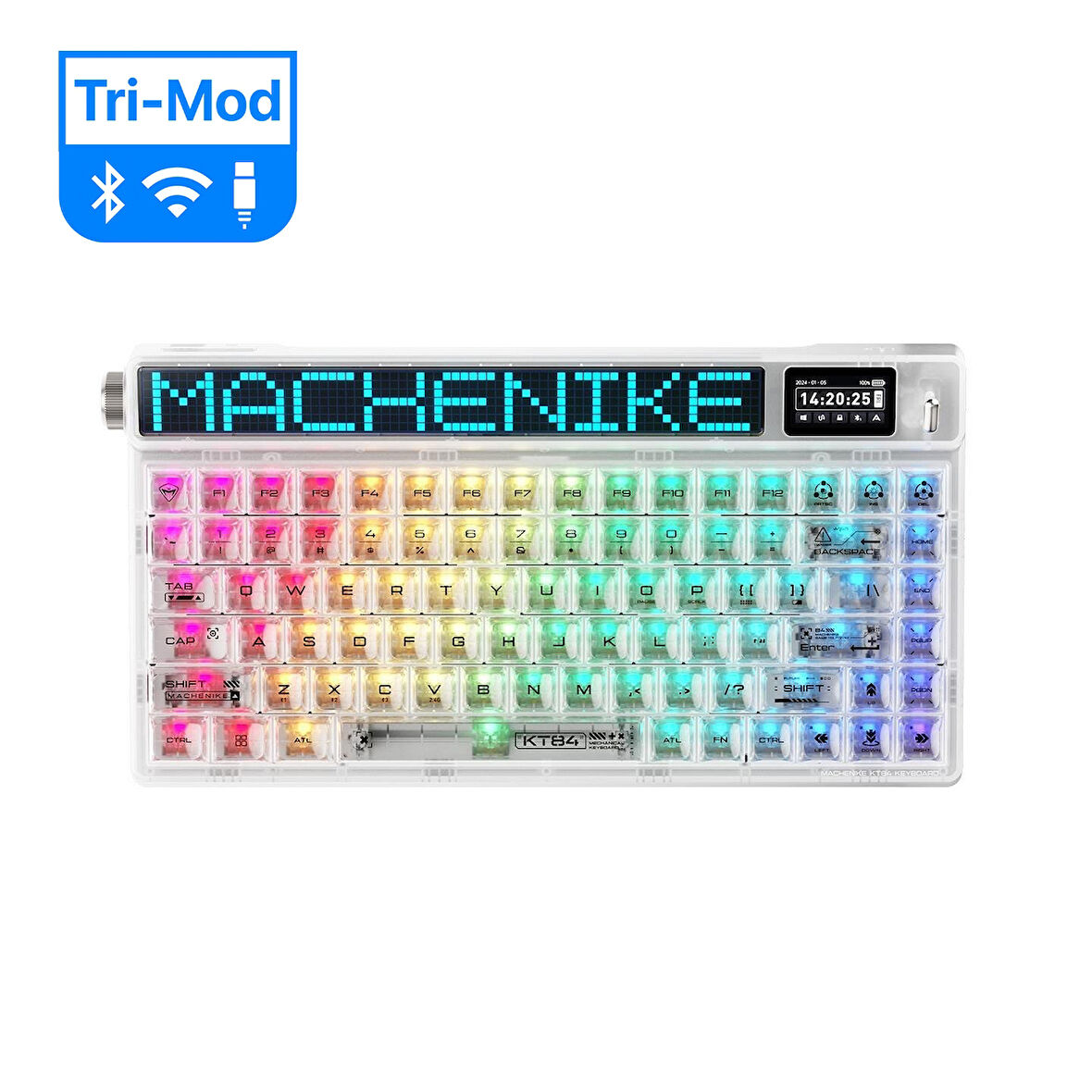 Machenike KT84-B84W Tri-Mode Gateron Yellow Switch LCD RGB Beyaz İngilizce Gaming Klavye