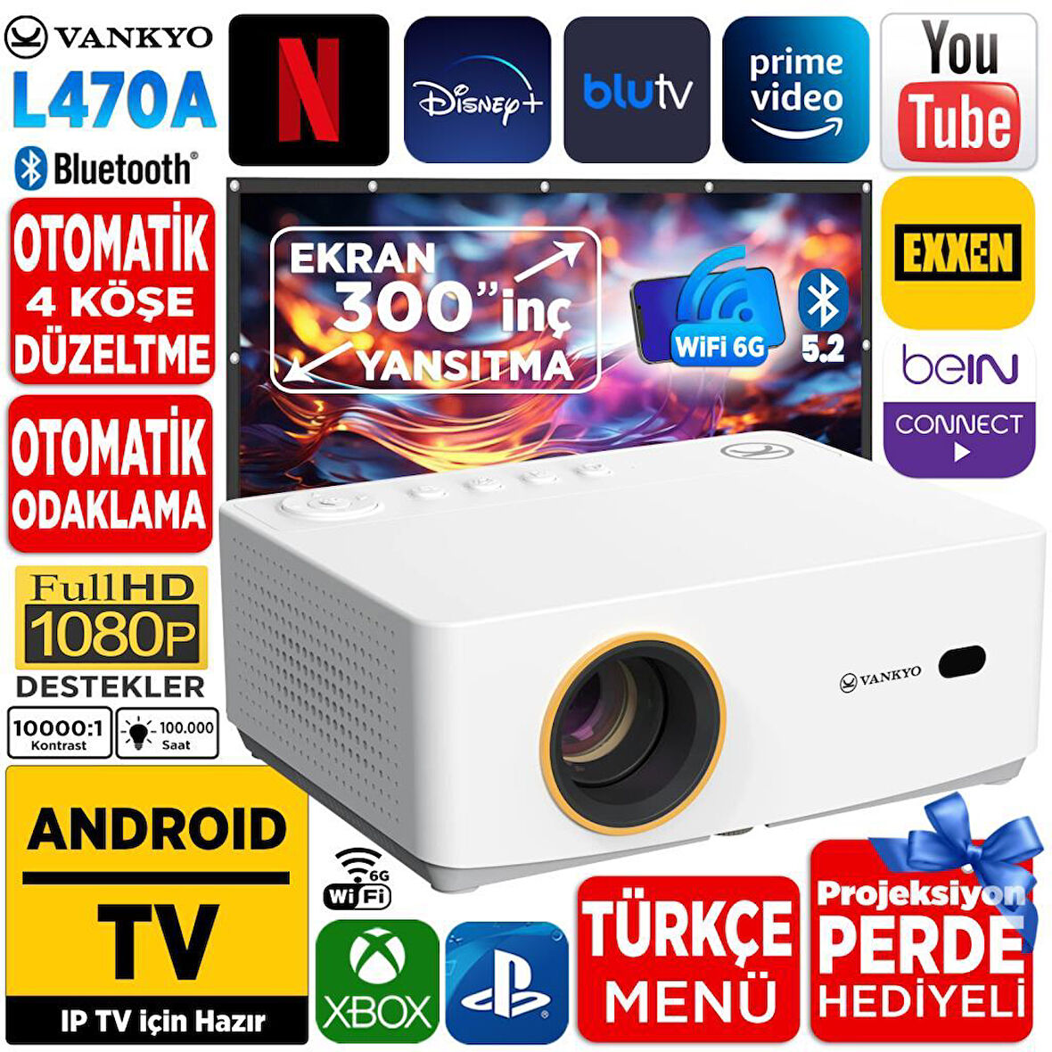 Vankyo Leisure L470A Android TV 1080P Destekli Projeksiyon Cihazı +Auto Focus+Auto Keystone+6G WiFi+5.2 Bluetooth+300 İnç Yansıtma+HiFi Premium Ses Sistemi Beyaz PS5/XBOX/HDMI