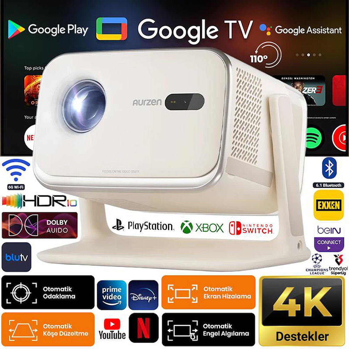Vankyo Aurzen Boom Mini Android Google TV 4K Destekli Projeksiyon Cihazı +HDR10+ToF Auto Focus+ToF Auto Keystone+6G WiFi+6.1BT+20W Dolby Ses Sistemi+Ayarlanabilir Açılı Beyaz - PS5/PS4/XBOX/NINTENDO