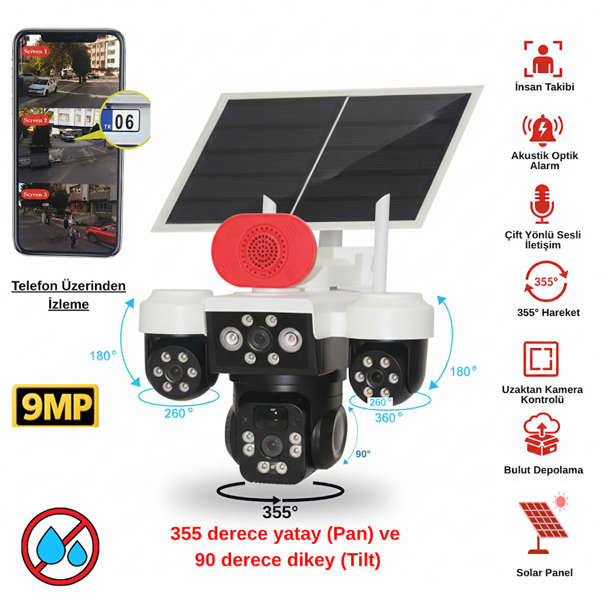 Apronx 9MP Solar PTZ Kamera | 3 Lens Üçlü Görüş Wi-Fi Kamera | Şarjlı & Akıllı Güvenlik Sistemi