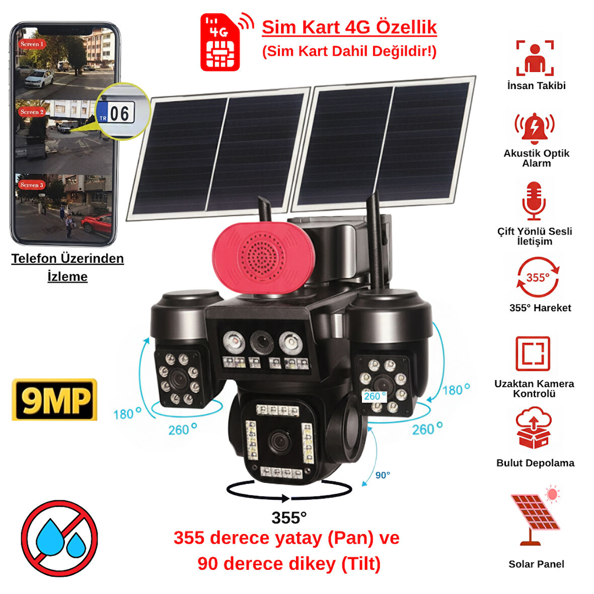 Apronx 9MP 4G Solar PTZ Kamera | 3 Ekran Üçlü Görüş | 12W Çift Panel | 20.000 mAh Batarya | SIM Kartlı