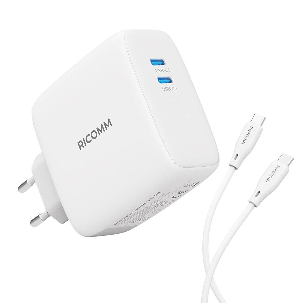 Ricomm 100W GaN 2 Portlu USB-C Şarj Aleti QC5.0 PD Type-C Hızlı Şarj Cihazı + 100W Şarj Kablosu