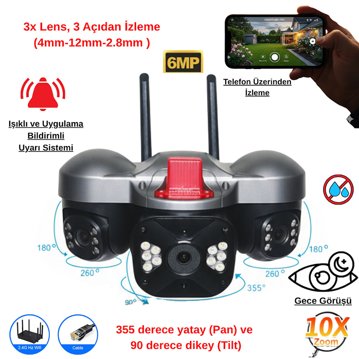 Apronx 6MP Wi-Fi Kamera | 3 Lens Üçlü Görüş PTZ Güvenlik Kamerası | Dış Mekan | Gece Renkli Görüş