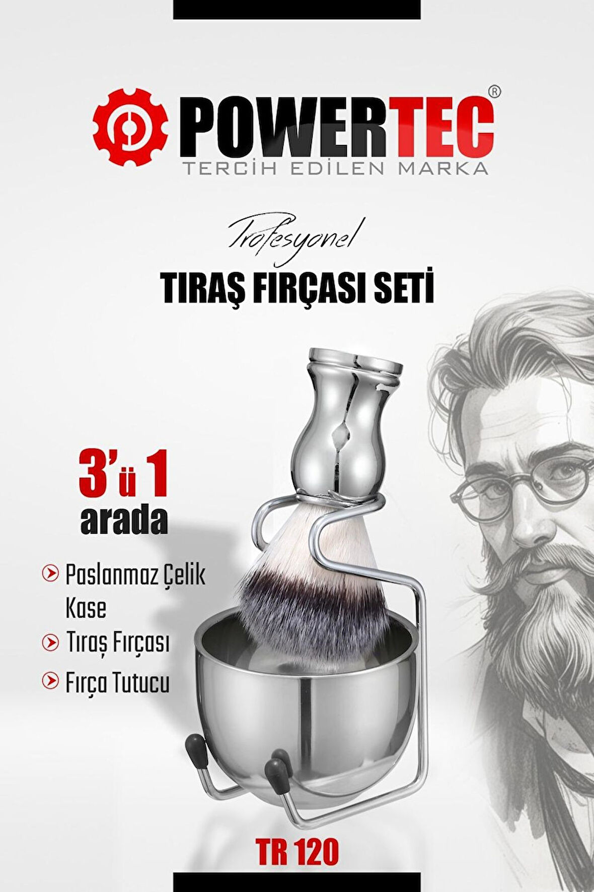TR-120 Profesyonel Paslanmaz Çelik Tıraş Fırçası Seti 3'ü 1 Arada