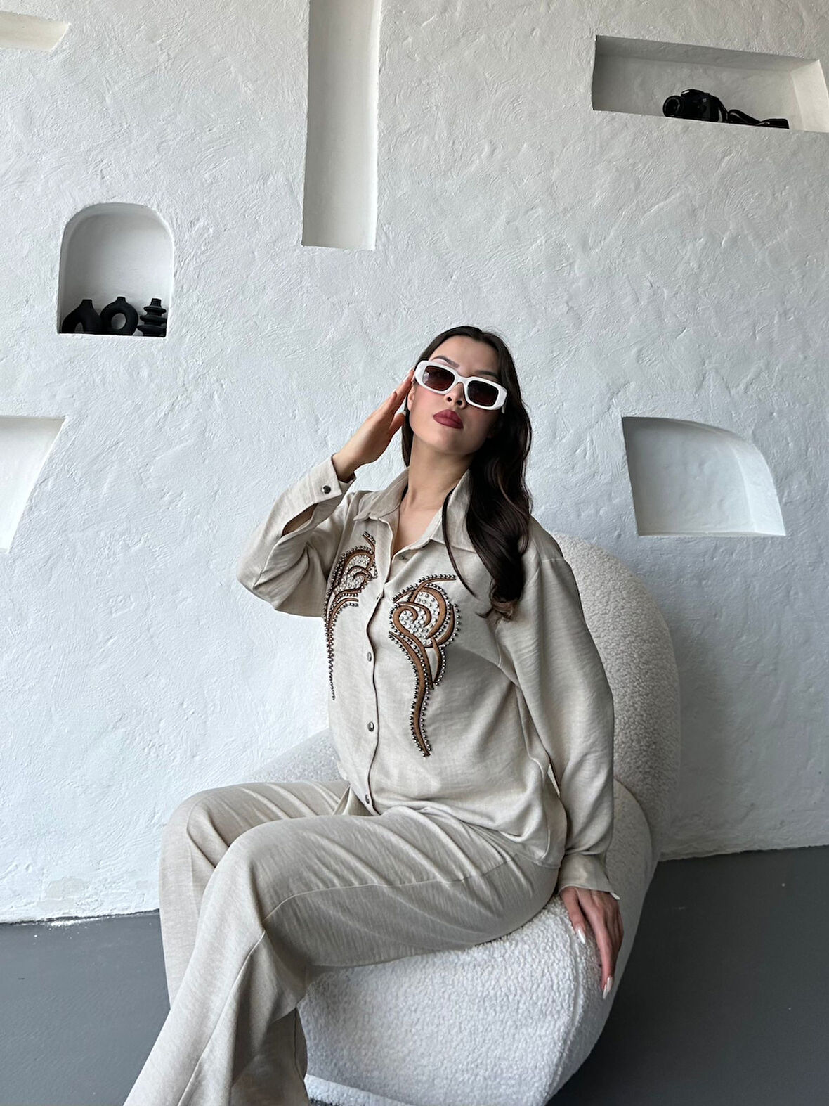 İşleme Detaylı Gömlek & Pantolon Keten İkili Takım