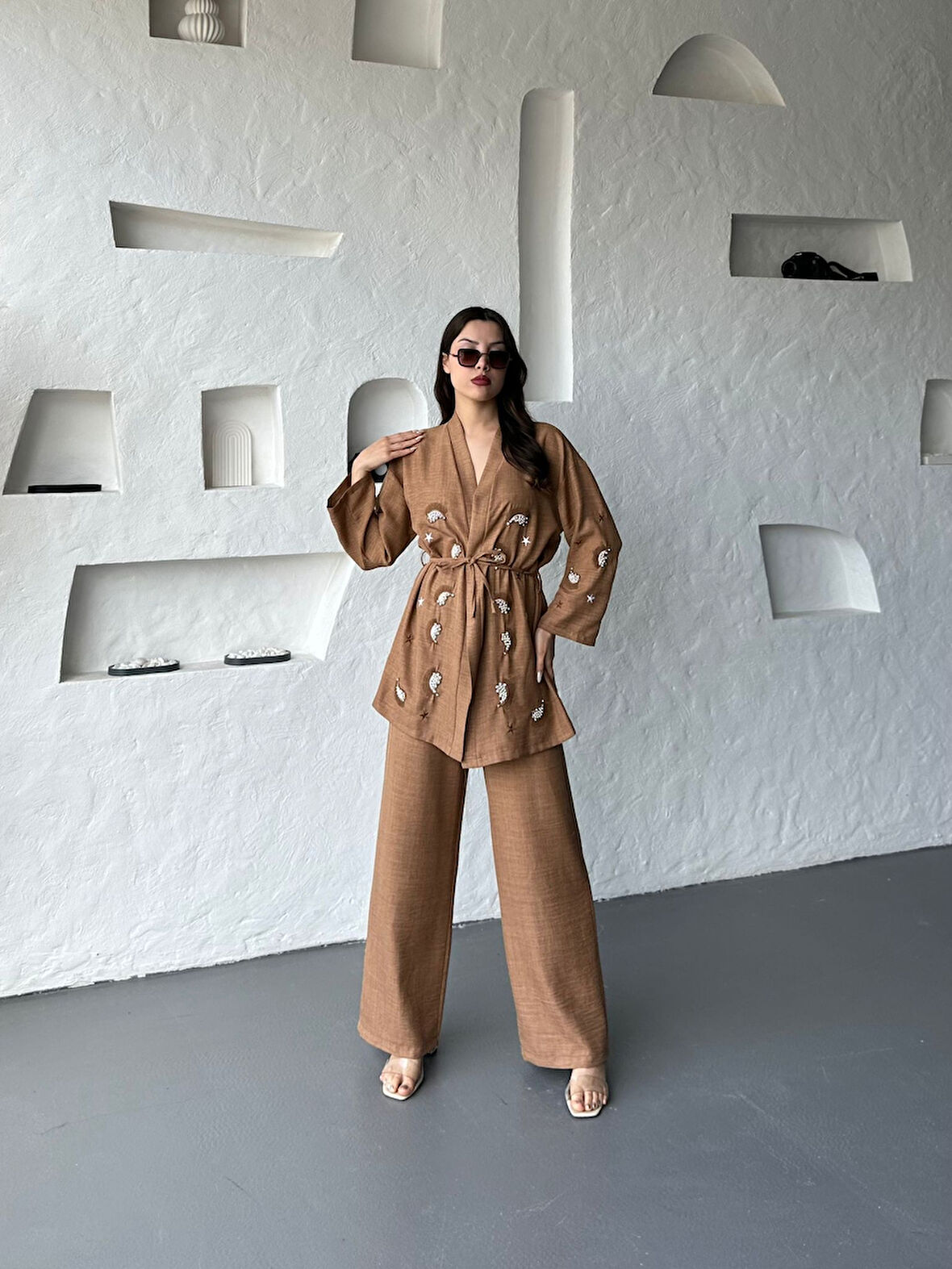 Nakış İşlemeli Kimono & Pantolon İkili Takım