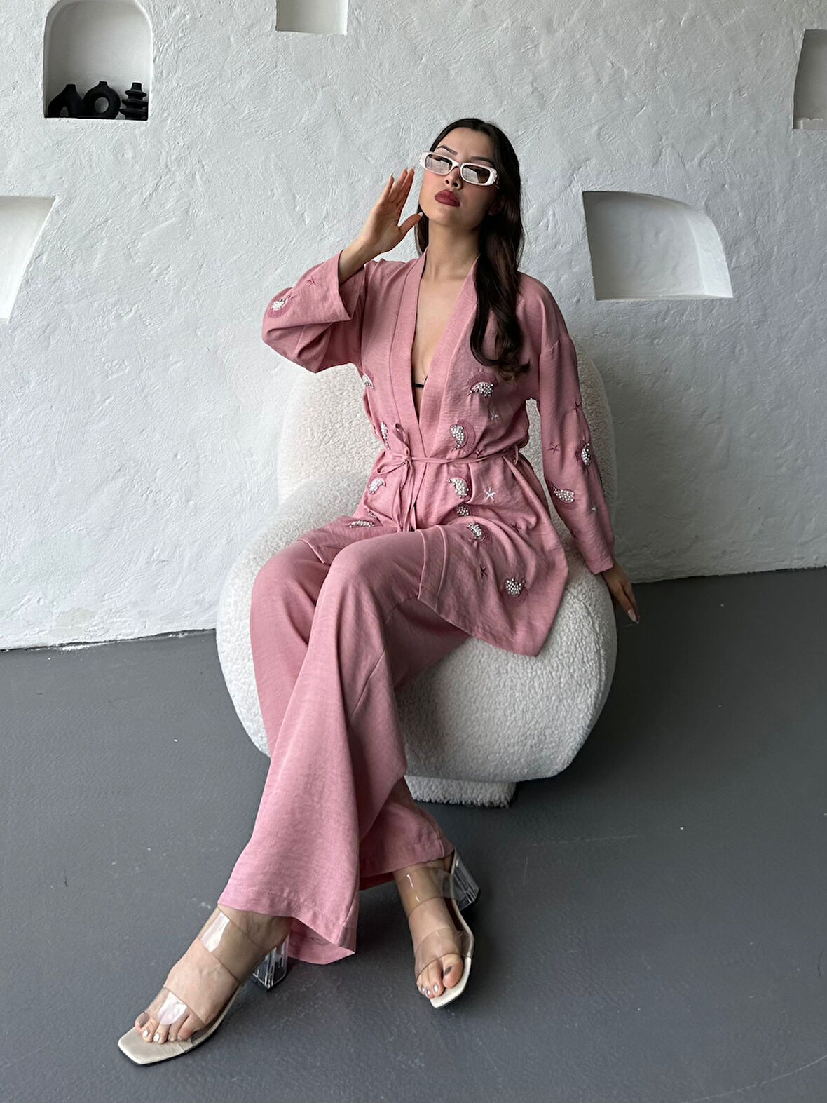 Nakış İşlemeli Kimono & Pantolon İkili Takım