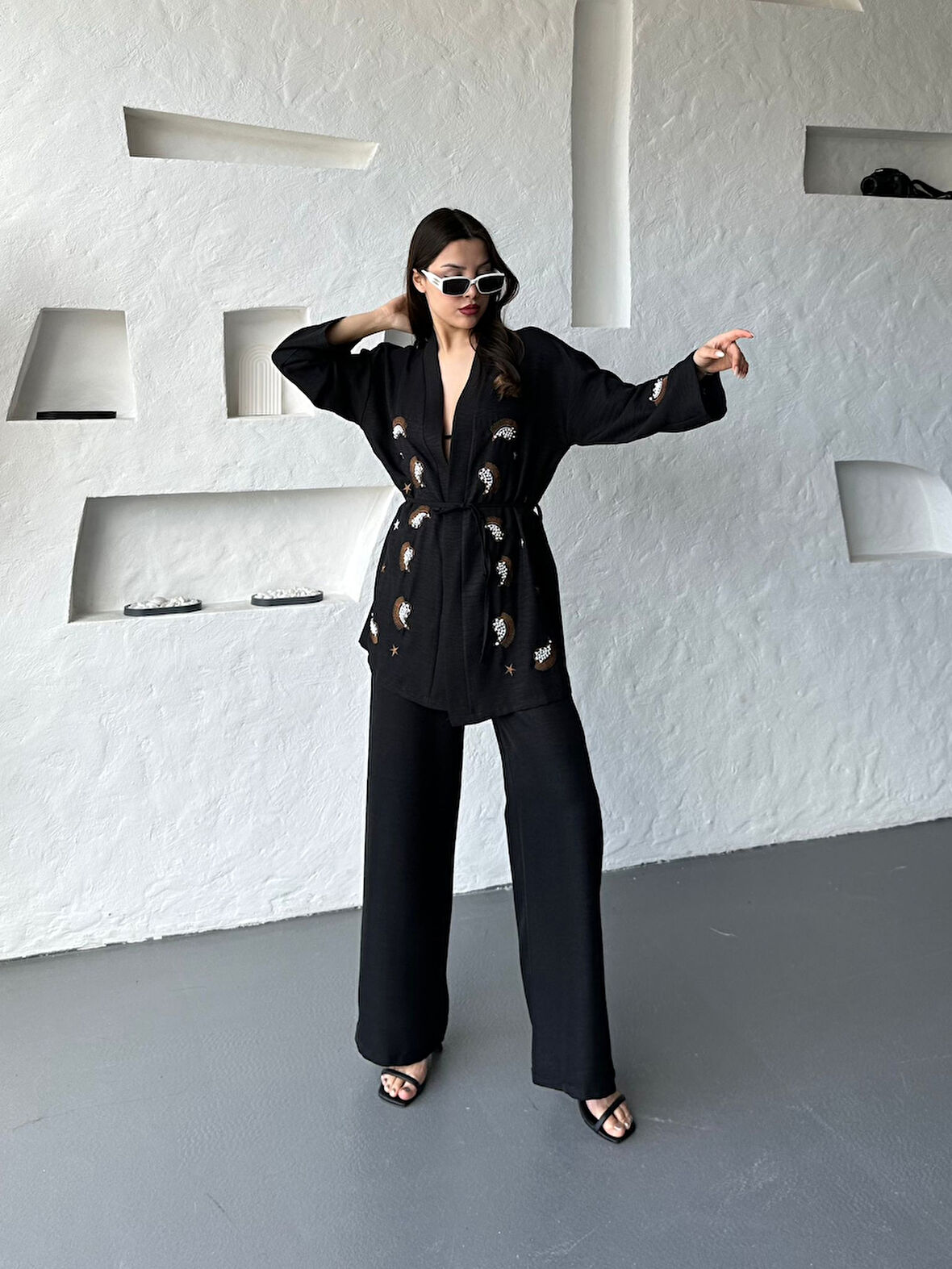 Nakış İşlemeli Kimono & Pantolon İkili Takım