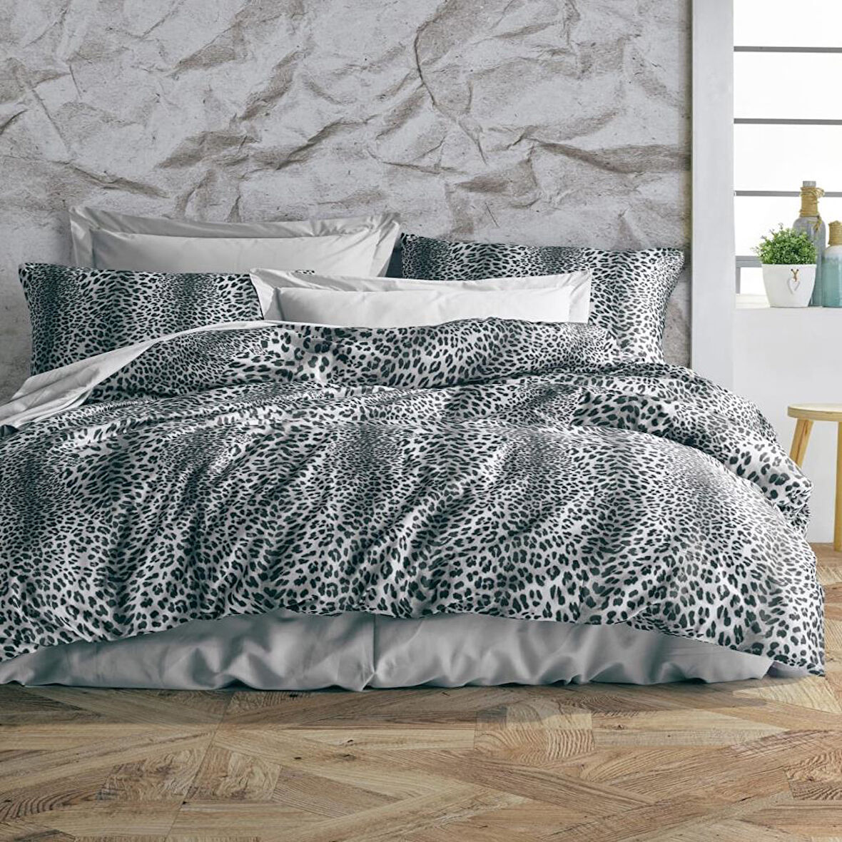 Keep London Home Series Natural Cotton(Doğal Pamuk) Çift Kişilik Nevresim Takımı-Leopar Gri