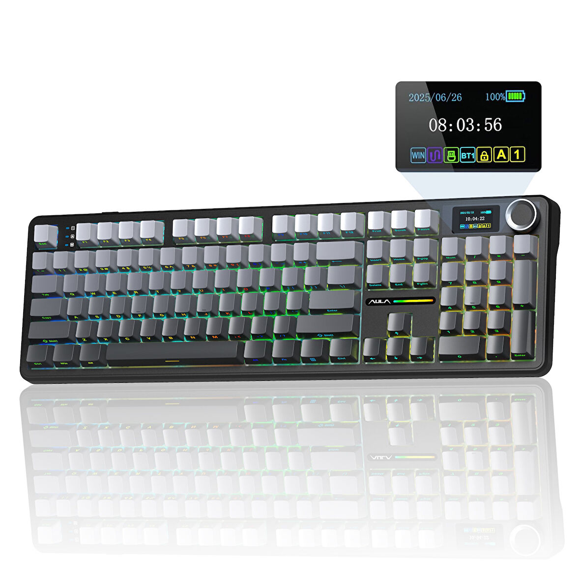 Aula F108 Pro Ekranlı Mekanik Klavye Nimbus Switch RGB Hot Swap 8000mAh Makrolu Oyuncu Klavyesi Gri