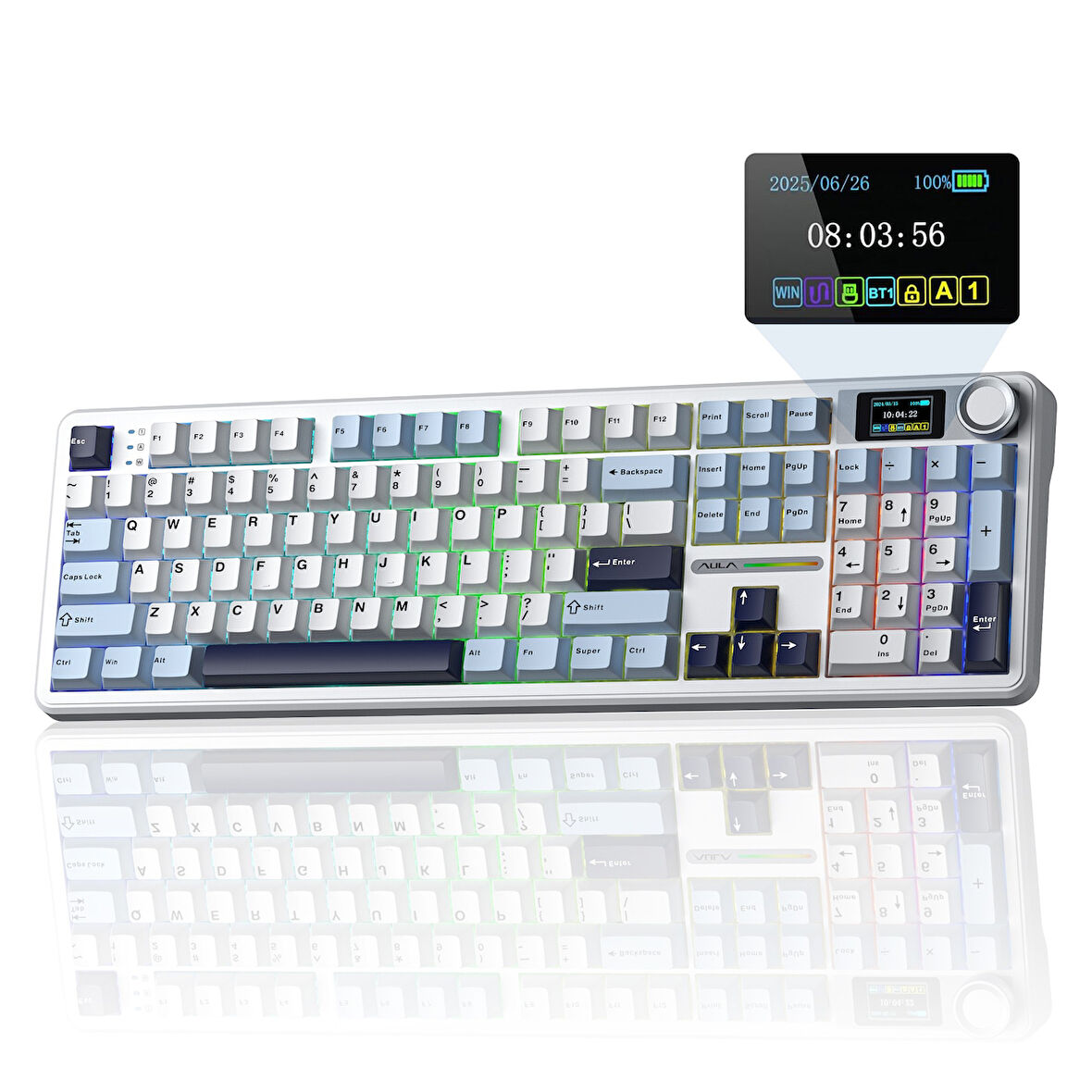 Aula F108 Pro Ekranlı Mekanik Klavye Reaper Switch RGB Hot Swap 8000mAh Makrolu Oyuncu Klavyesi Mavi