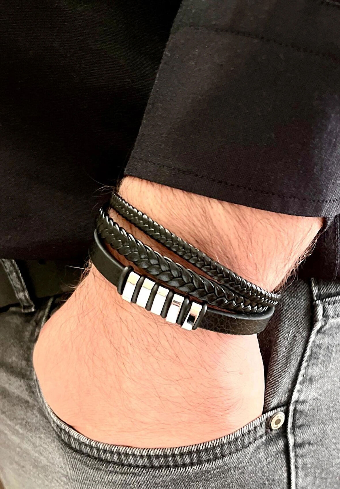 %100 Deri&Çelik Mixli Trend 3lü Model Şık Siyah Erkek Bileklik 21 cm